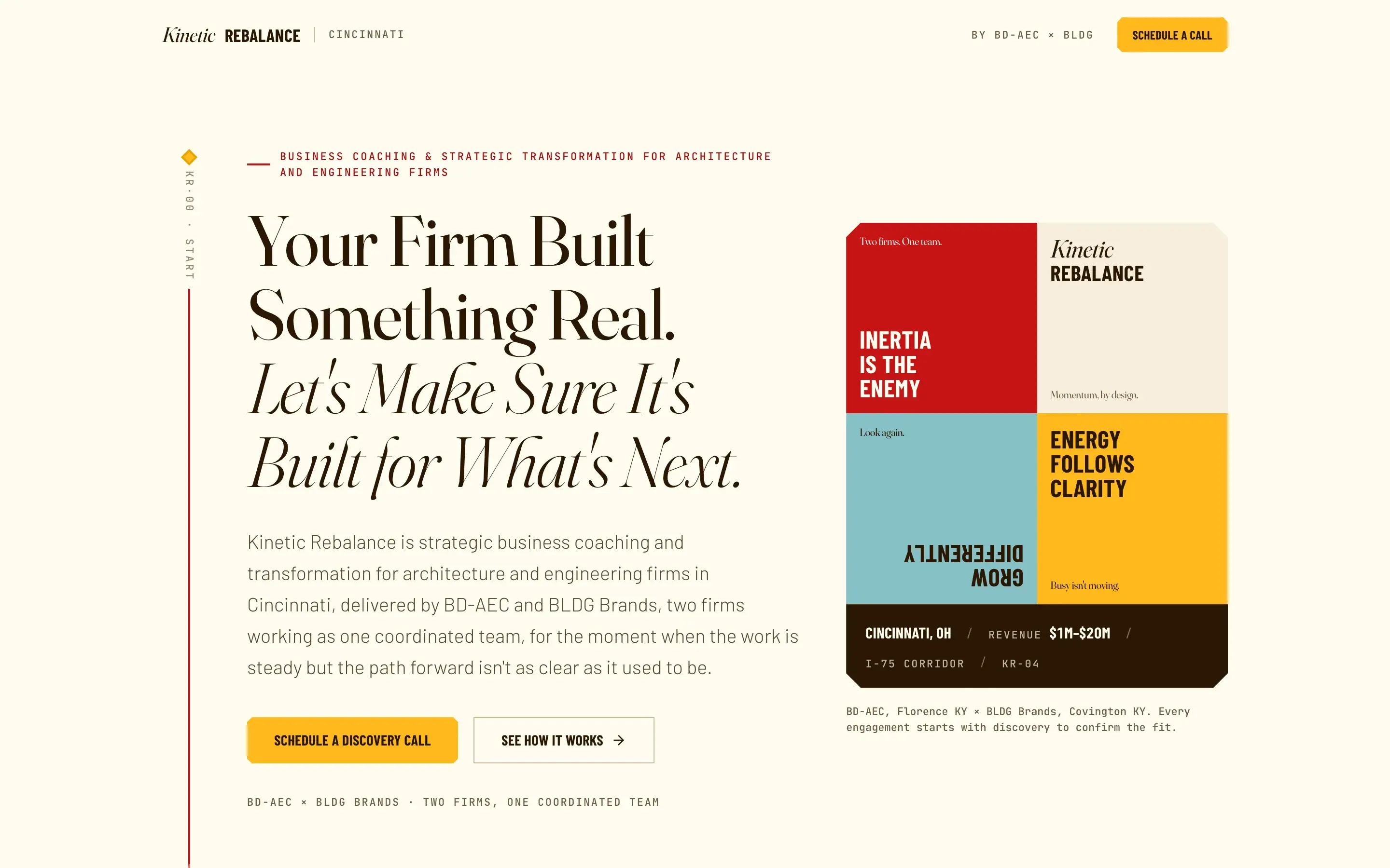 The kinetic-cincinnati.com hero at desktop width: editorial serif headline beside the chamfered poster wall