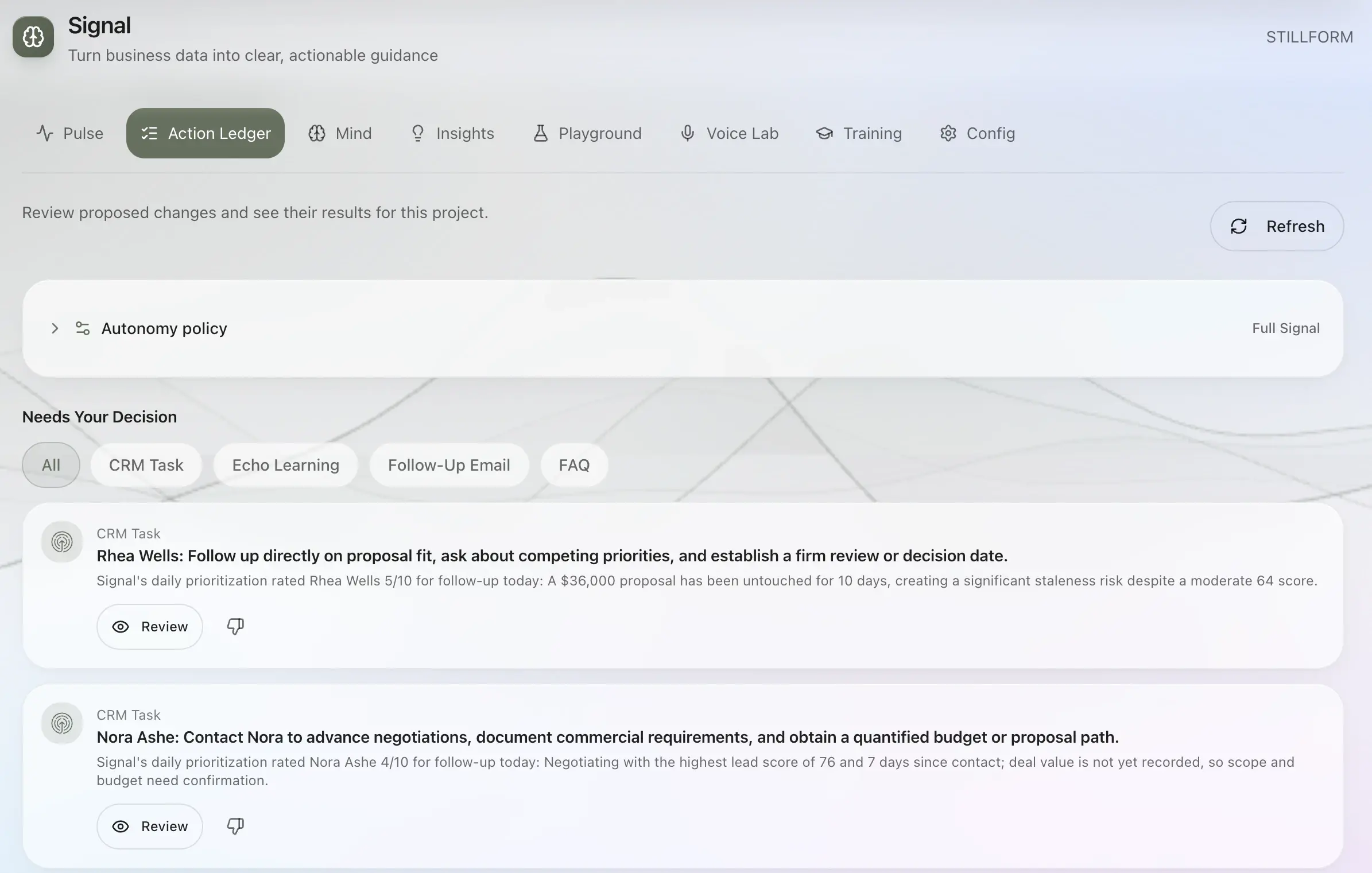 Sonor Signal Action Ledger: the Autonomy policy panel, collapsed, on a Full Signal plan, and CRM tasks awaiting a decision, each with Signal's reasoning and a Review button