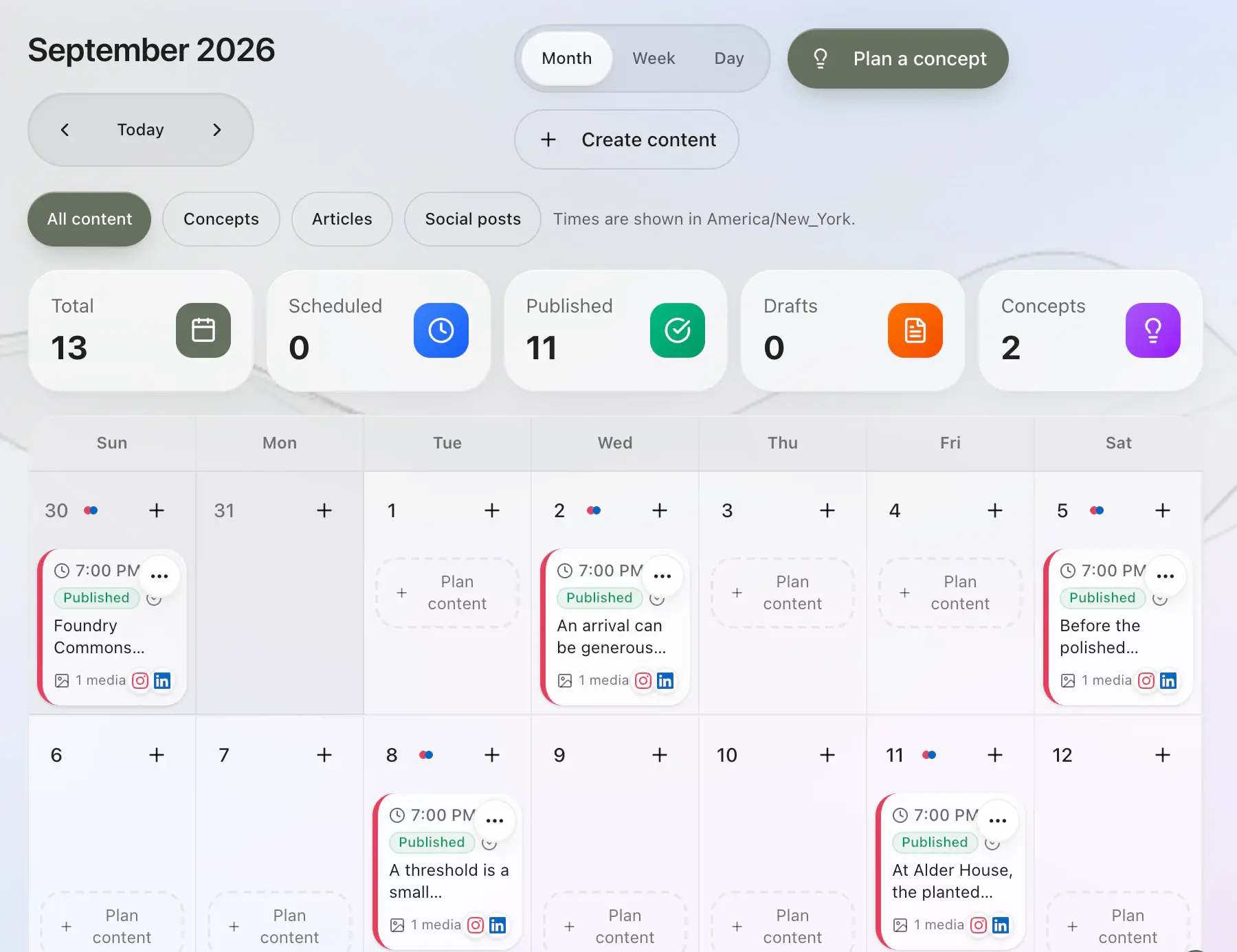 Sonor Broadcast publishing calendar for September 2026: 13 items, 11 published and 2 concepts, with Instagram and LinkedIn posts on the month grid
