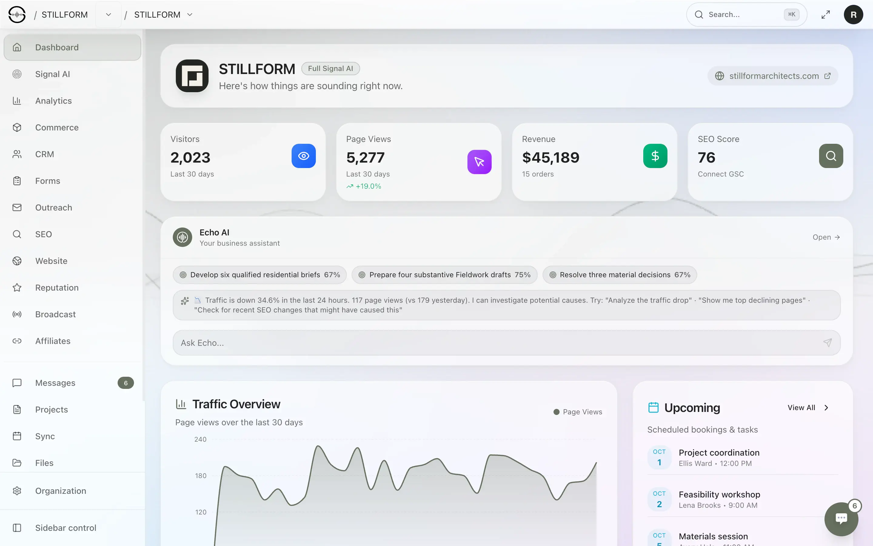 Sonor dashboard for STILLFORM, a demo architecture studio: visitor, page view, revenue, and SEO score tiles, the Echo AI assistant with three goals and a flagged traffic dip it offers to investigate, a 30-day traffic chart, and upcoming bookings