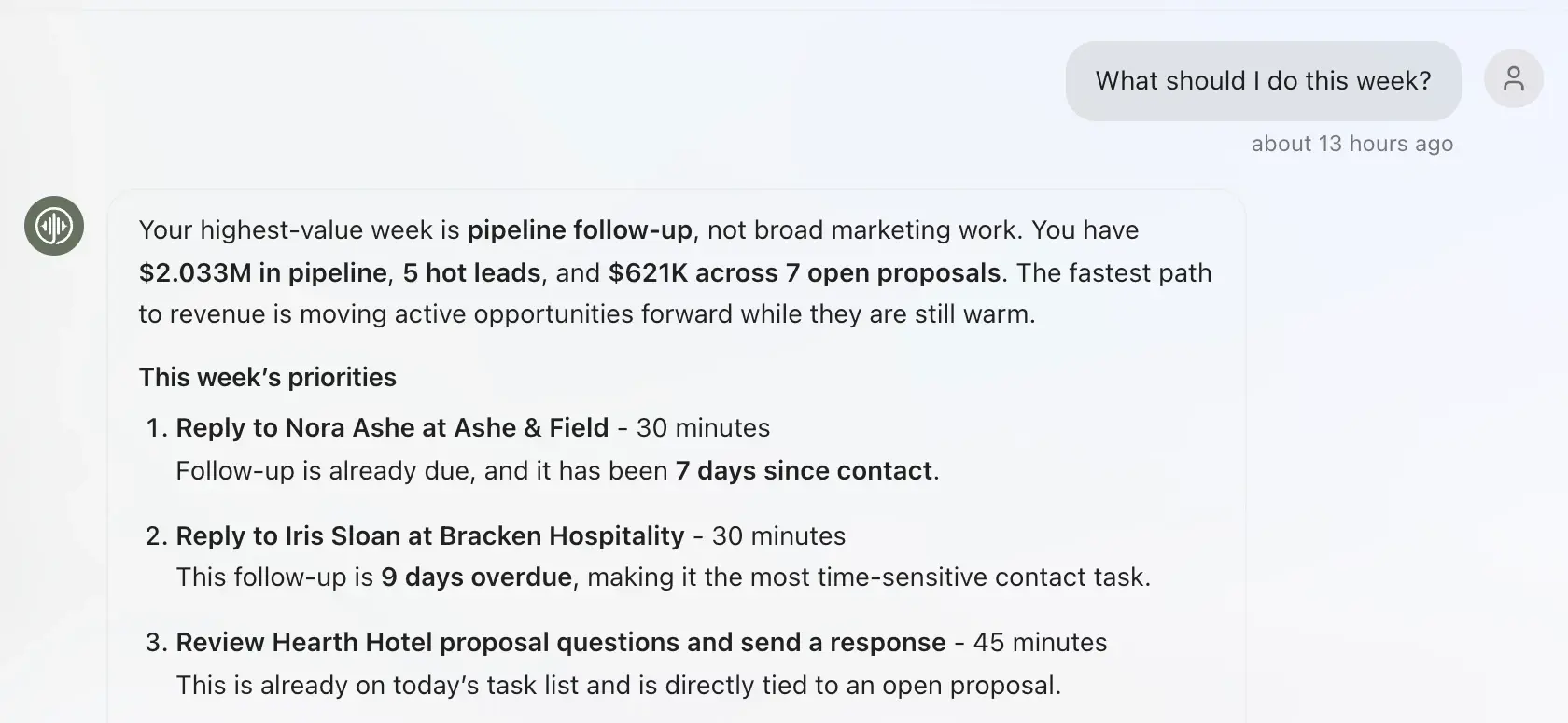 Echo in Sonor answering What should I do this week? with $2.033M in pipeline, 5 hot leads, $621K in open proposals, and a ranked list of follow-ups with time estimates