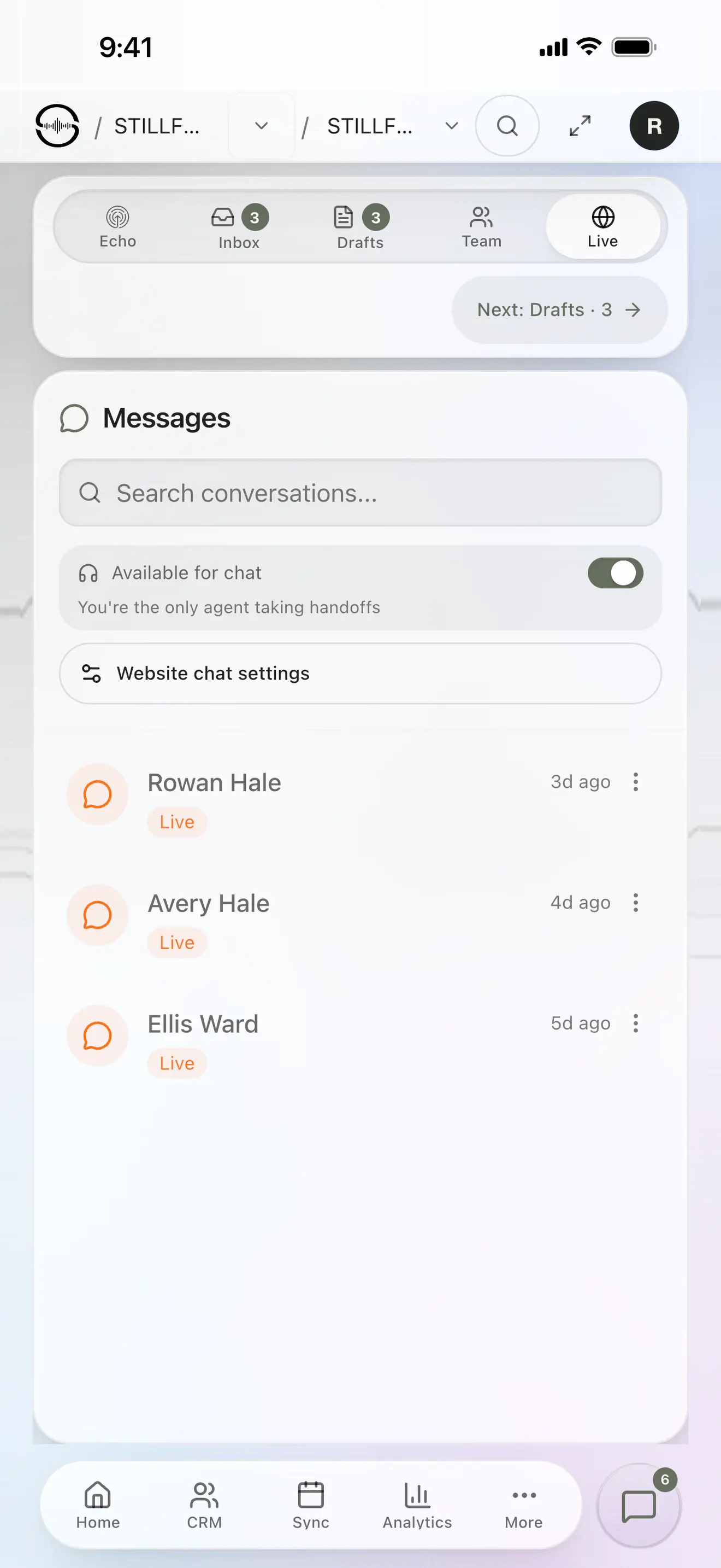 Sonor Messages on an iPhone, Live tab: three website visitor chats handed to a person, an Available for chat toggle, and Echo, Inbox, Drafts, Team, and Live tabs