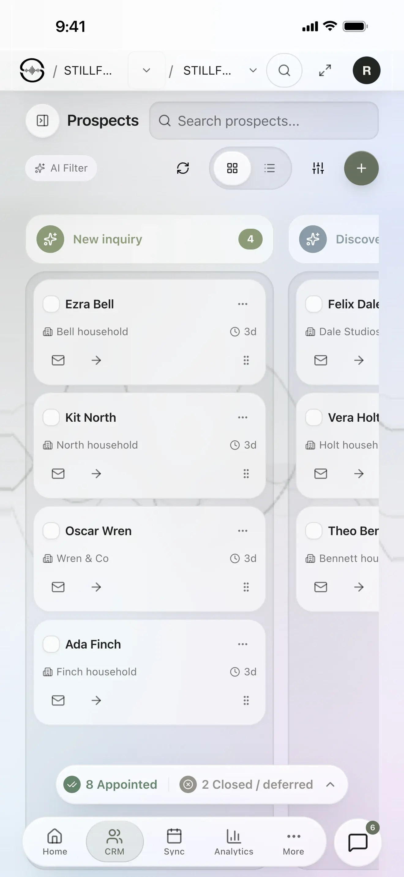 Sonor CRM prospects on an iPhone: the New inquiry column with four lead cards, the Discovery column peeking in from the right, an 8 Appointed and 2 Closed summary pill, and the floating tab bar