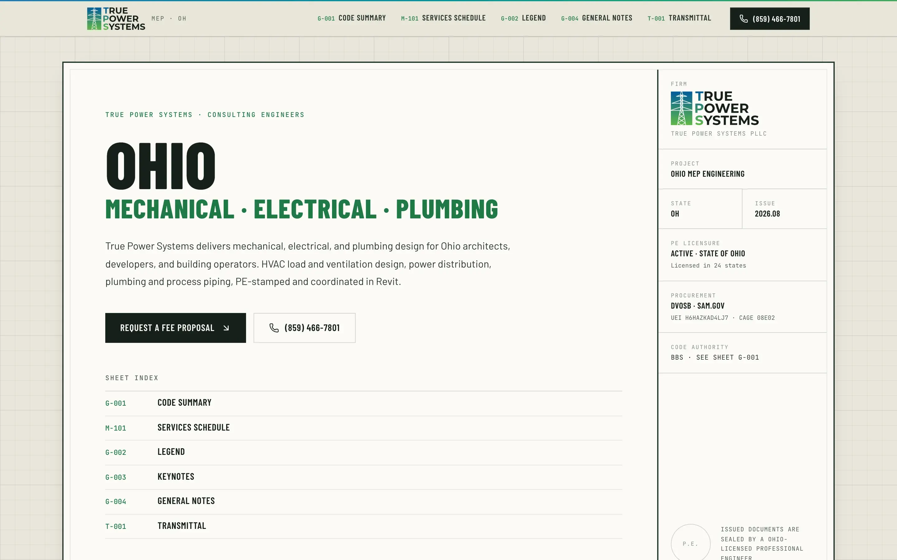 The mep-oh.com cover sheet: OHIO in heavy condensed type over Mechanical, Electrical, Plumbing, a sheet index from G-001 to T-001, and a title block with PE licensure, DVOSB procurement IDs, and the code authority