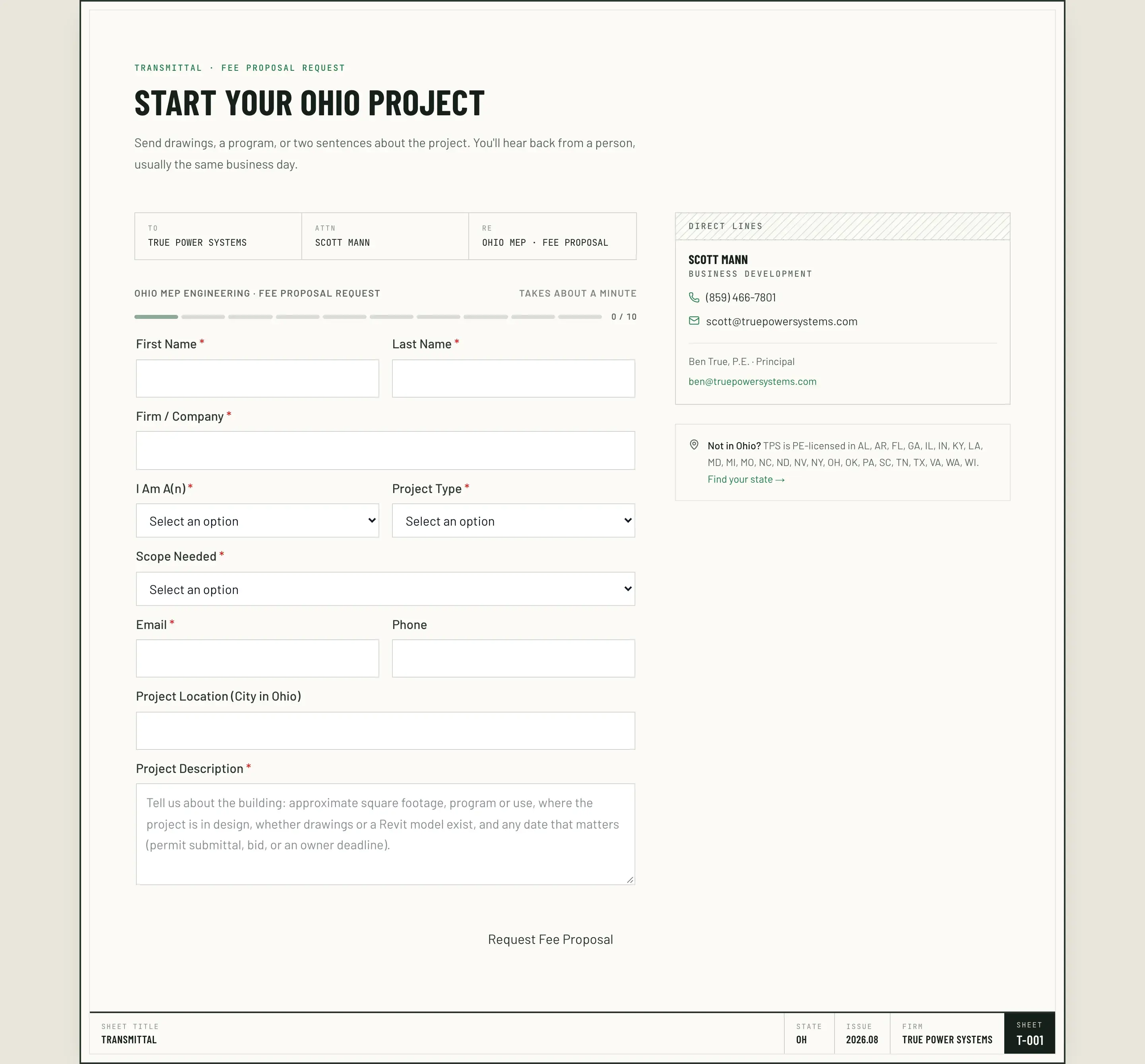 Sheet T-001, the transmittal: a fee proposal request addressed to True Power Systems, attention Scott Mann, with firm, role, project type, scope, location, and project description fields beside his direct line