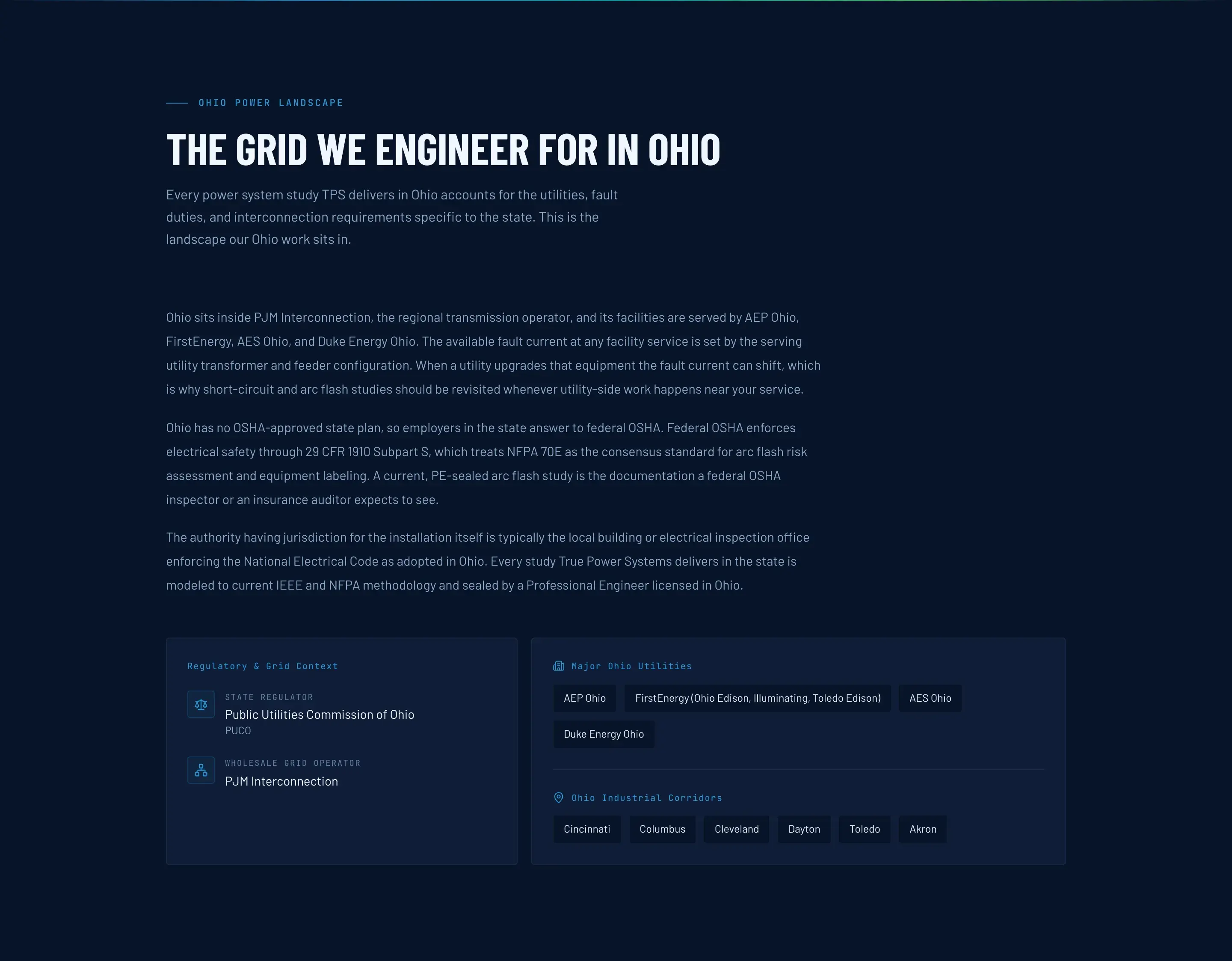 The Grid We Engineer For in Ohio: PJM Interconnection, federal OSHA jurisdiction, the Public Utilities Commission of Ohio, and AEP Ohio, FirstEnergy, AES Ohio, and Duke Energy Ohio