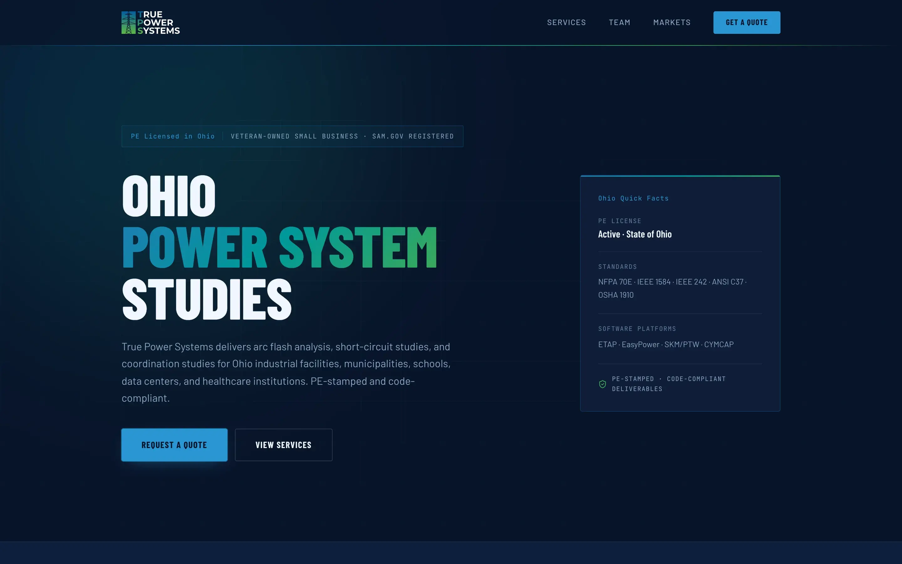 The ohiopowerstudies.com hero: Ohio Power System Studies, with the PE license status and a quote button