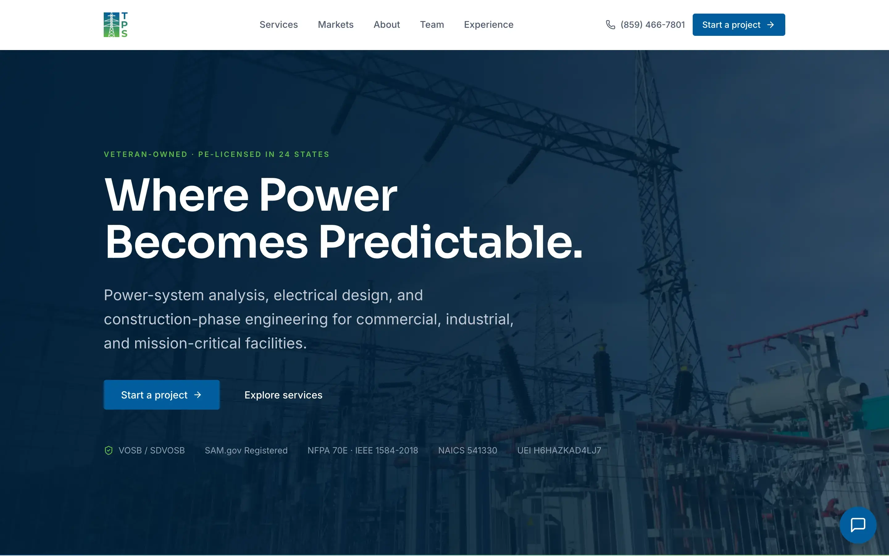 The truepowersystems.com hero: Where Power Becomes Predictable, over a substation photograph, with VOSB and SDVOSB status, SAM.gov registration, NAICS, and UEI in a row beneath the buttons
