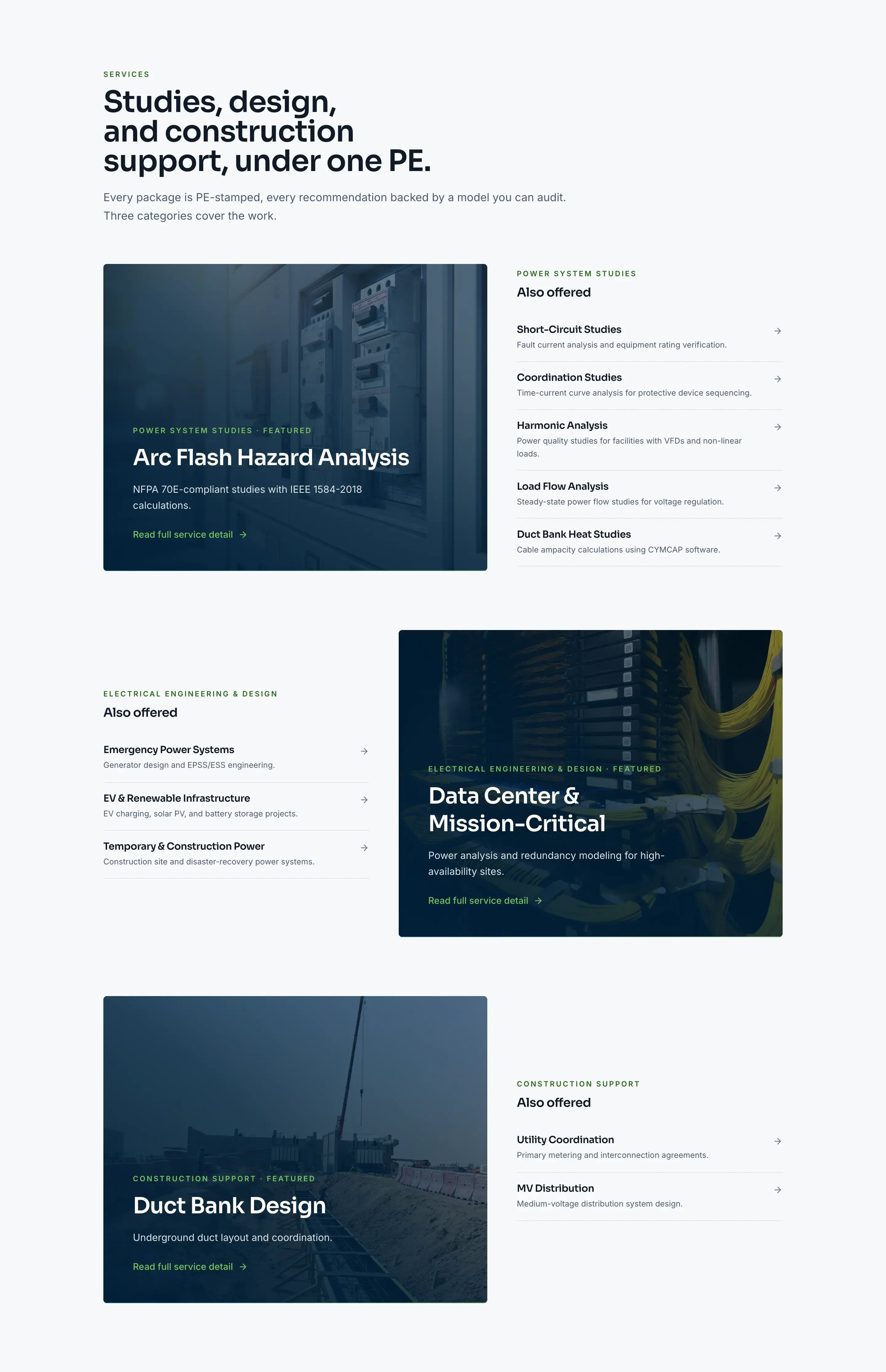 The services section: power system studies, engineering and design, and construction-phase support, each service card linking to its own page