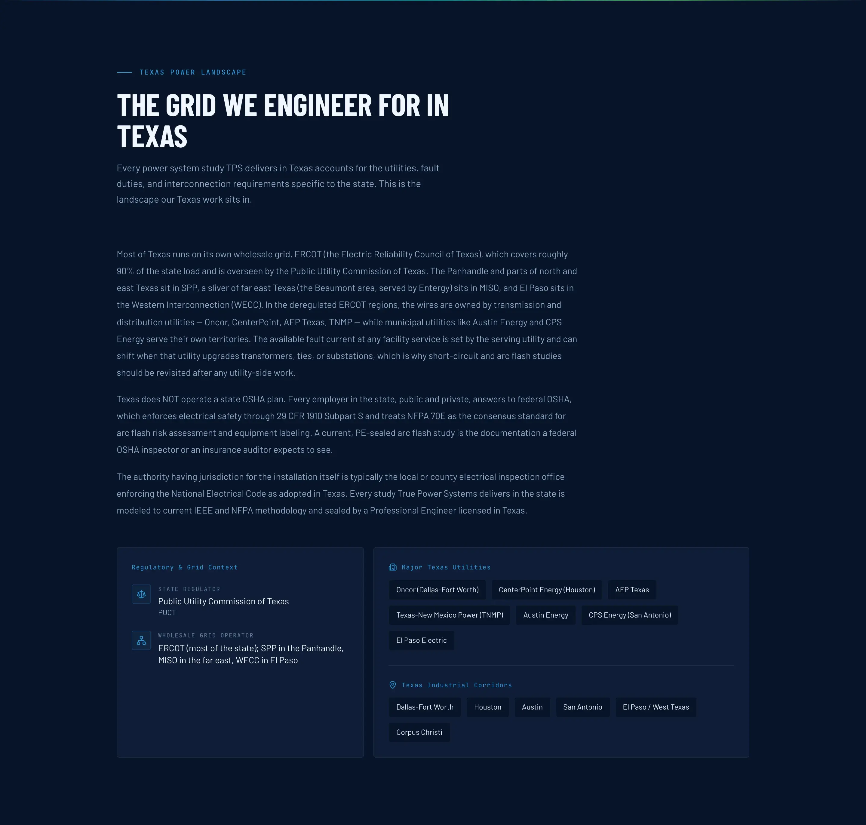 The Grid We Engineer For in Texas: ERCOT for most of the state, SPP in the Panhandle, MISO in the far east, WECC in El Paso, the Public Utility Commission of Texas, and Oncor, CenterPoint, AEP Texas, TNMP, Austin Energy, CPS Energy, and El Paso Electric