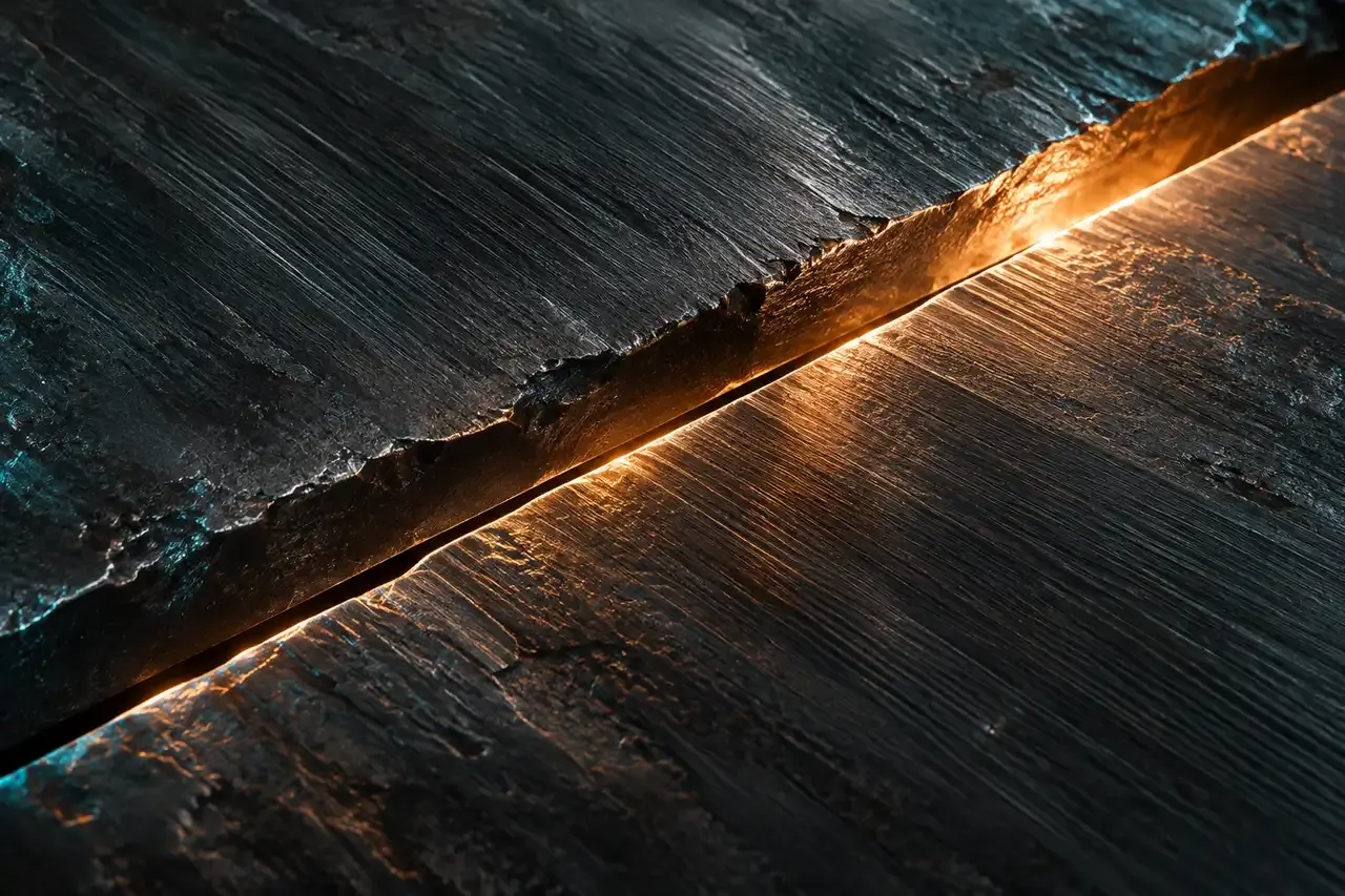 Two plates of dark steel meeting at a glowing seam, two systems meeting at a clean seam, like an MCP server joining an AI assistant to the tools a business already runs