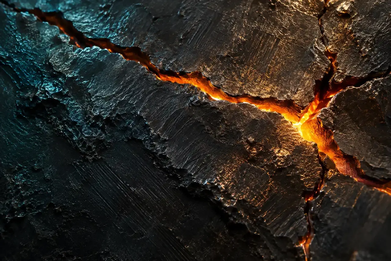 A glowing crack splitting dark forged steel, the audit stage, where an SEO review finds what keeps a site from being found