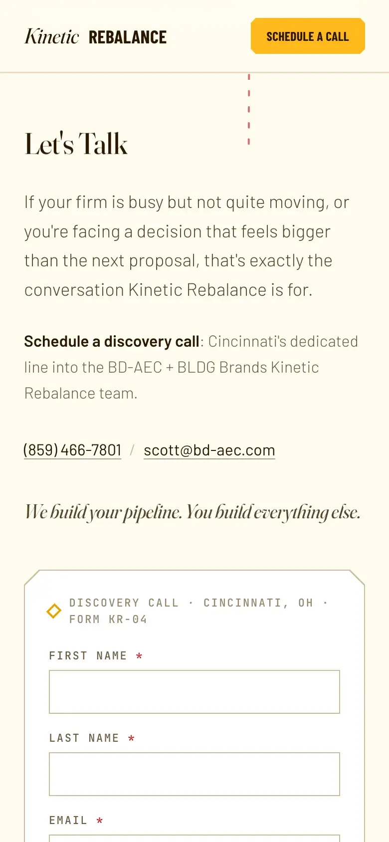 The mobile contact section with the Cincinnati discovery form