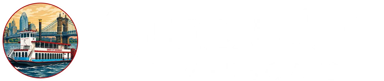 Queen City Riverboats lockup on navy, the wordmark in white