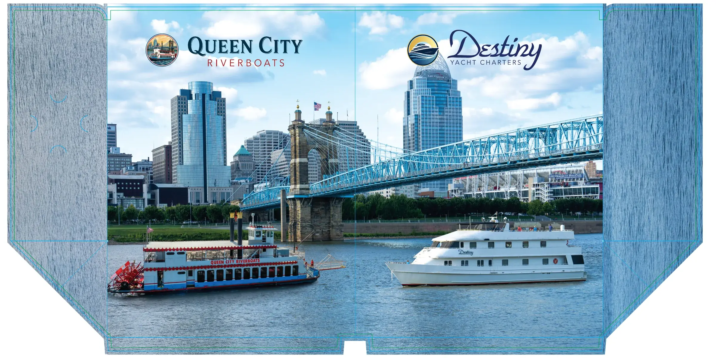 The press-ready folder exterior: both boats under the Roebling Suspension Bridge with both logos, fold and bleed lines marked