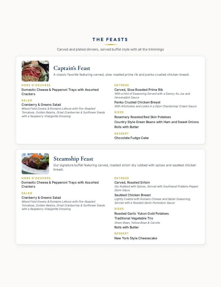 Menu book page: The Feasts, the Captain's Feast and Steamship Feast with their courses