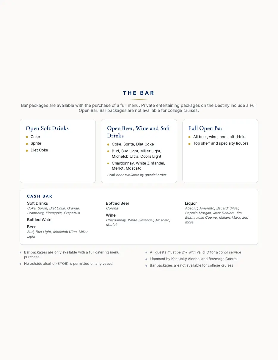 Menu book page: The Bar, open soft drinks, open beer and wine, full open bar, and the cash bar