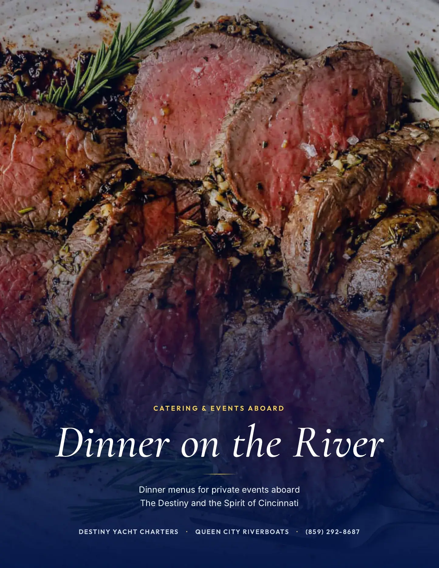 Menu book cover: sliced herb-crusted tenderloin under the title Dinner on the River, catering and events aboard