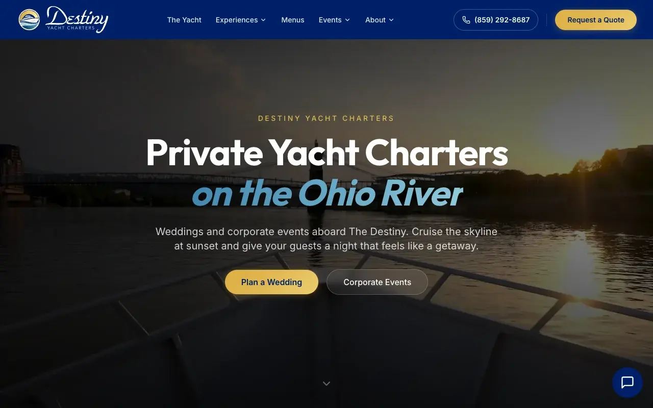 Destiny Yacht Charters homepage on a desktop browser