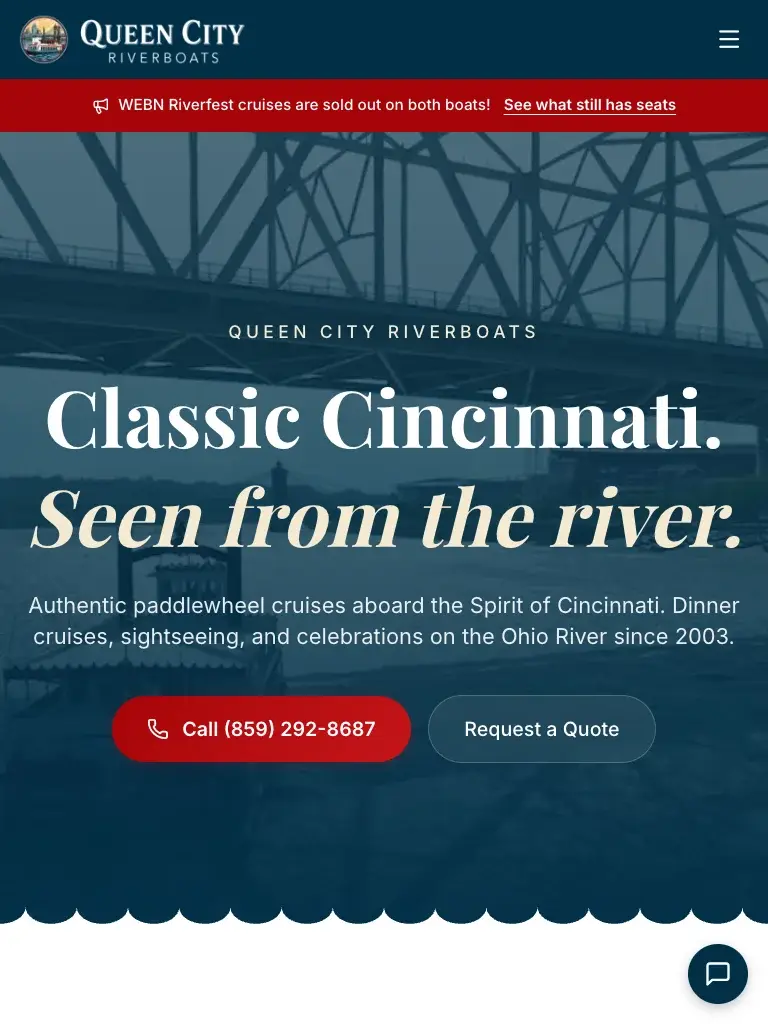 Queen City Riverboats homepage on a tablet
