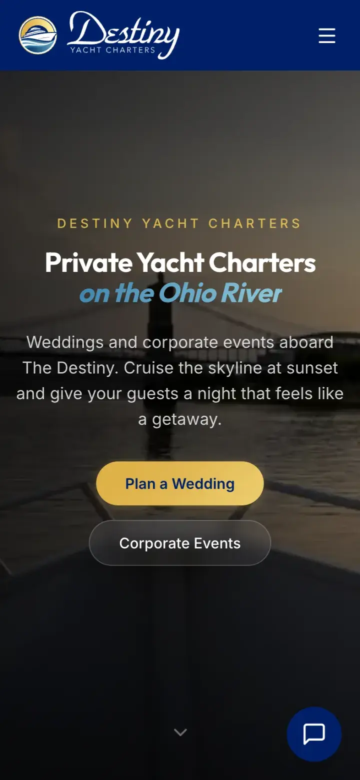 Destiny Yacht Charters homepage on a phone