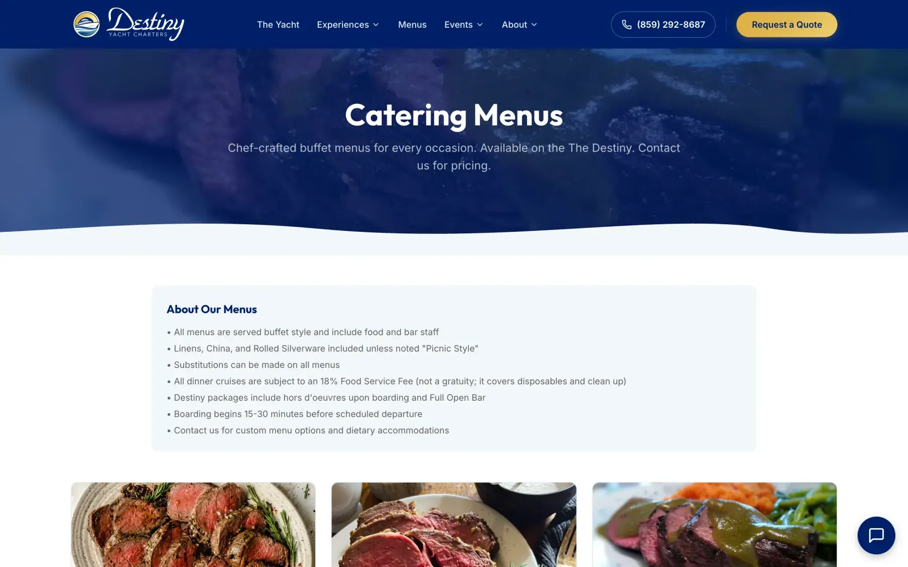 Destiny Yacht Charters Menus page