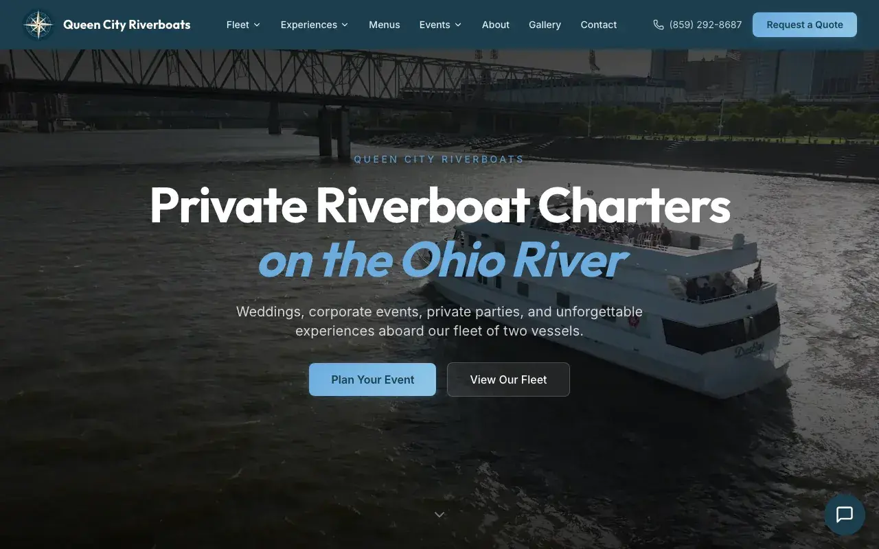 The previous Queen City Riverboats homepage: a compass logo and a dark hero reading Private Riverboat Charters on the Ohio River, selling weddings, corporate events, and private parties aboard a fleet of two vessels