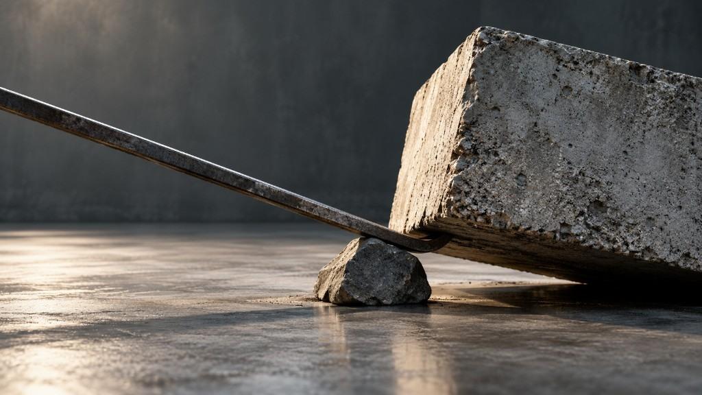 A steel pry bar resting on a small stone, lifting the edge of a heavy concrete block