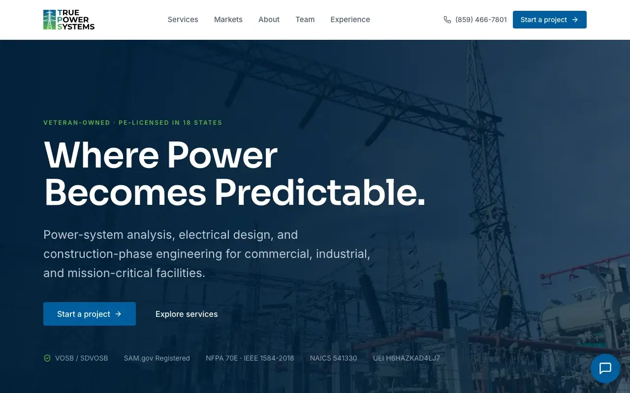 The truepowersystems.com homepage: Where Power Becomes Predictable