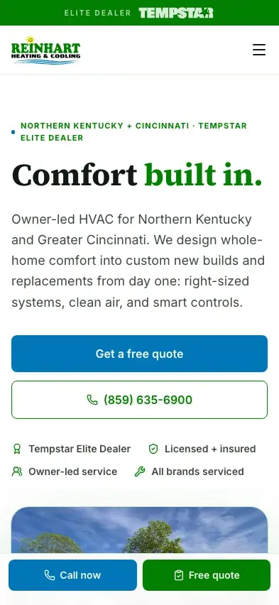 Reinhart Heating + Cooling website: mobile layout