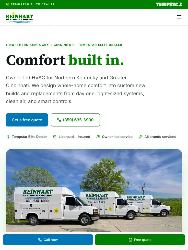 Reinhart Heating + Cooling website: tablet layout